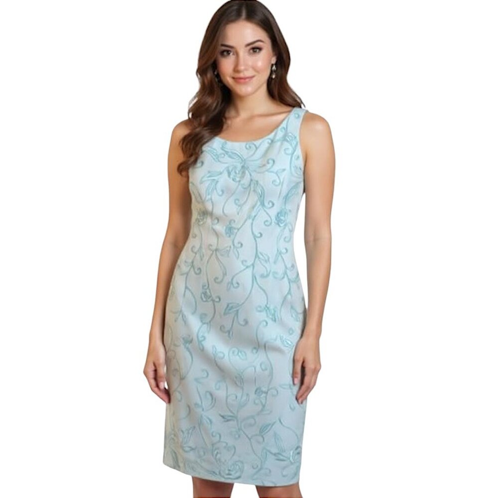 Marie St Claire Embroidered Dress Women's Size 8 Blue Sleeveless Sheath Lined